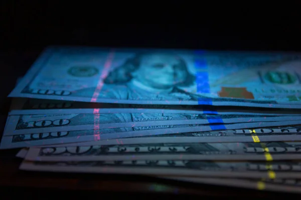 100 Dólares Moeda Banknot Luz Protection Dollars Light Checking Dinheiro — Fotografia de Stock