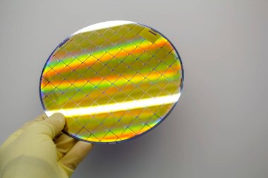 Eldivenleri mikroçipli Silikon Wafer - Entegre devrelerin üretimi için kullanılan yarı iletken materyal elektronikten ince bir dilimdir. Mikroçipli Wafer. Silikon dalgalarda gökkuşağı. Parıltılı renkli silikon gofretler..