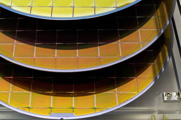 Silicon Wafers in steel holder box on table ,background is grey color-.Wafers with microchips.Rainbow on silicon wafers.Color silicon wafers with glare.