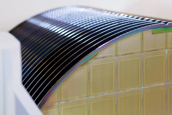 화이트 플라스틱 홀더 박스에 있는 실리콘 와퍼 (Silicon Wafers in white plastic holder box on a table- A wafer) 는 집적회로의 제조를 위해 전자 공학에 사용되는 결정 실리콘 과같은 얇은 반도체 조각이다.. — 스톡 사진