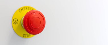 Gri arka planda kırmızı acil durum düğmesi. Boşluğu kopyala.