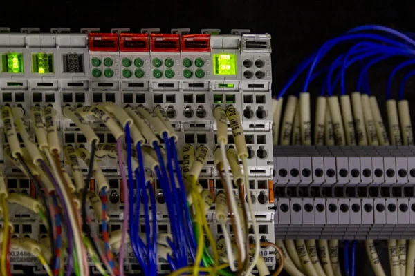 Terminal of control cable and wire duct.Terminal block. Industrial power case.