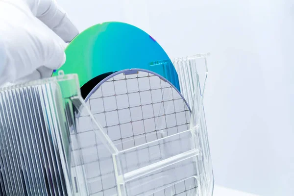 Silicon Wafers in storage box on table in clear room prepared for production of semiconductor foundry. Stock Photo