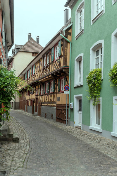 OBERKIRCH, GERMANY - September 06 2020: cityscape with wattle colorful picturesque old houses at pedestrian precinct in historical little town, shot on september 06 2020 at Oberkirch, Black Forest, Baden Wuttenberg, Germany