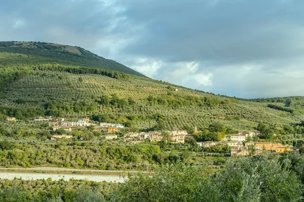 Paysage Avec Village Lazzaro Parmi Les Oliveraies Dans Campagne Vallonnée — Photo