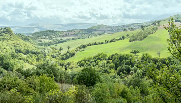 Krajobraz Zielonym Pagórkowatym Krajobrazem Ujęcie Jasnym Świetle Niedaleko Pievebovigliana Macerata — Zdjęcie stockowe