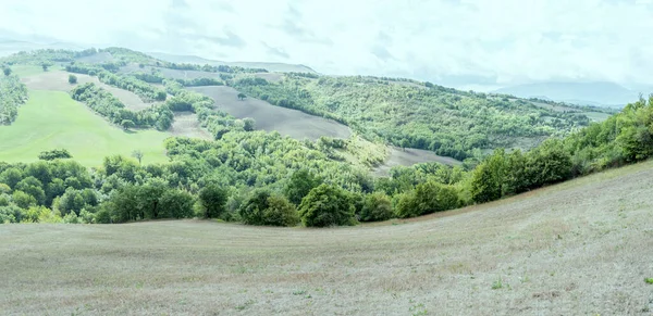 緑の丘陵地帯で穏やかな斜面と風景 Pievebovigliana近くの明るい光で撮影 マケラタ マルケ州 イタリア — ストック写真