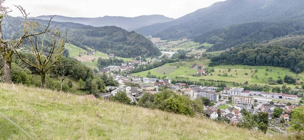 Paesaggio Aereo Montagna Valle Villaggio Storico Girato Luce Estiva Oppenau — Foto Stock