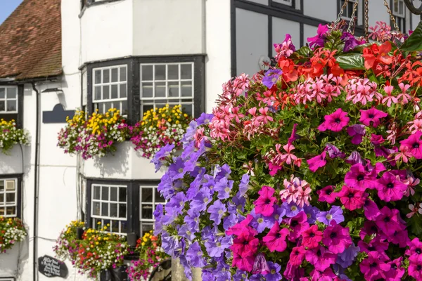 Blossoming flowers and old houses, Henley on Thames — Stock Photo, Image