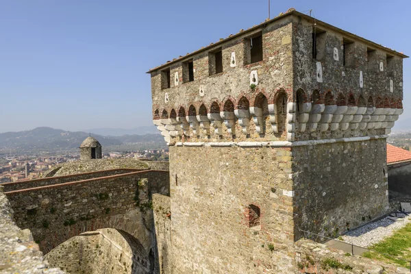 Башта та мосту в Sarzanello фортеці, місті Sarzana Ліцензійні Стокові Фото