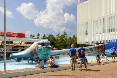  bird statue and pond at Czech Pavilion, EXPO 2015 Milan