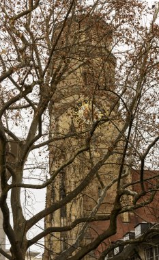 Evangelische Stiftskirche çan kule ve çıplak dalları, Stuttgar