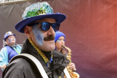 musician with mustache at Carnival parade, Stuttgart