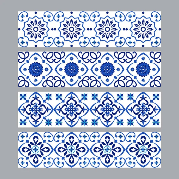 Ensemble de bordures de tuiles décoratives traditionnelles portugaises azulejos, motif bleu et blanc — Image vectorielle