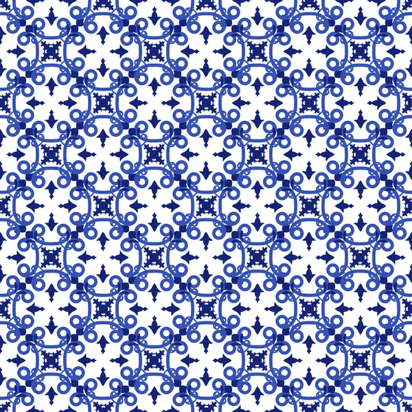 Azulejos portugál hagyományos díszcserép, kék és fehér zökkenőmentes minta — Stock Vector