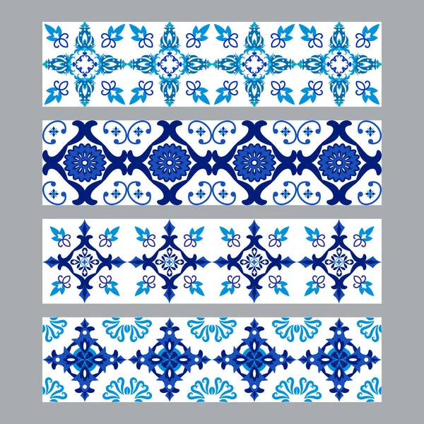 Set di azulejos portoghesi tradizionali bordi di piastrelle ornamentali, modello blu e bianco — Vettoriale Stock