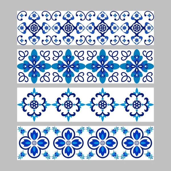 Set di azulejos portoghesi tradizionali bordi di piastrelle ornamentali, modello blu e bianco — Vettoriale Stock