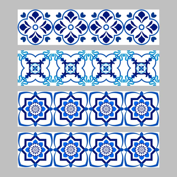 Ensemble de bordures de tuiles décoratives traditionnelles portugaises azulejos, motif bleu et blanc — Image vectorielle