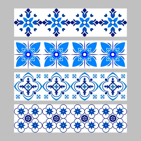 Set di azulejos portoghesi tradizionali bordi di piastrelle ornamentali, modello blu e bianco — Vettoriale Stock