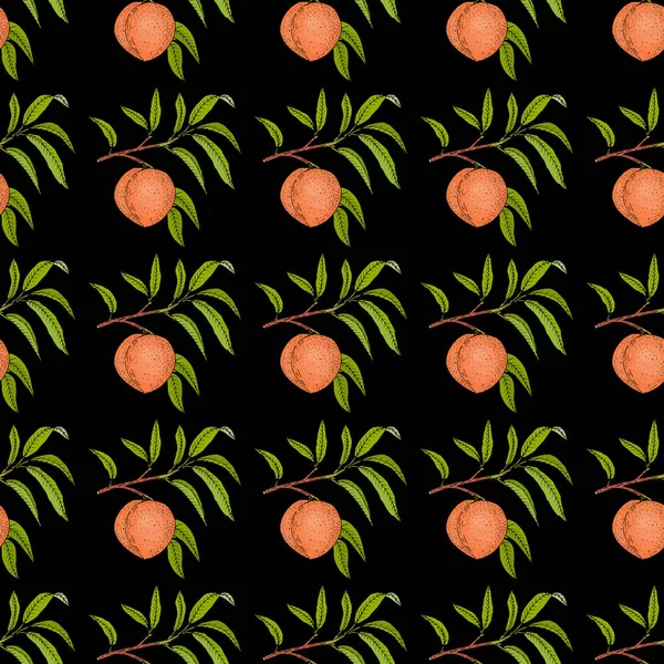 Ροδάκινο κλαδί με φρούτα και φύλλα χωρίς ραφή μοτίβο — Διανυσματικό Αρχείο