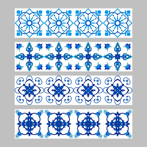 Ensemble de bordures de tuiles décoratives traditionnelles portugaises azulejos, motif bleu et blanc — Image vectorielle