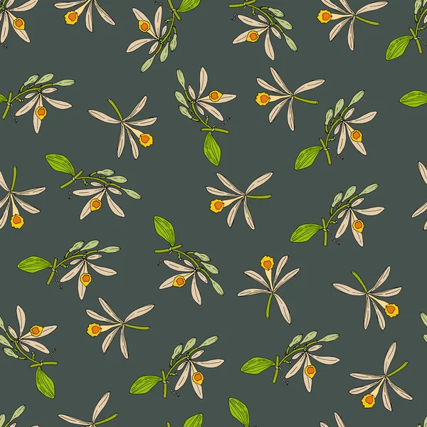 灰色の背景にバニラの花とシームレスなパターン — ストックベクタ