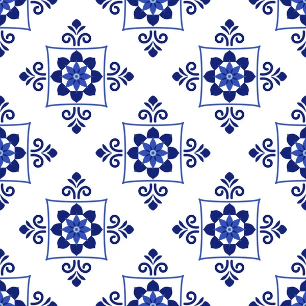 Azulejos portuguesa tradicional azulejo ornamental, azul y blanco patrón sin costura — Archivo Imágenes Vectoriales