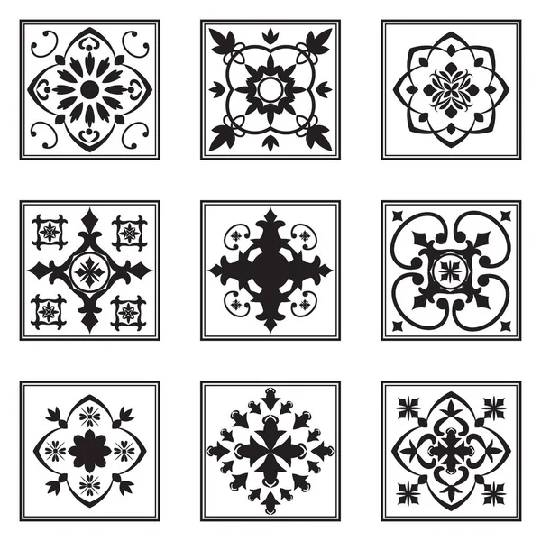 Conjunto de azulejos ornamentales, patrón blanco y negro — Vector de stock
