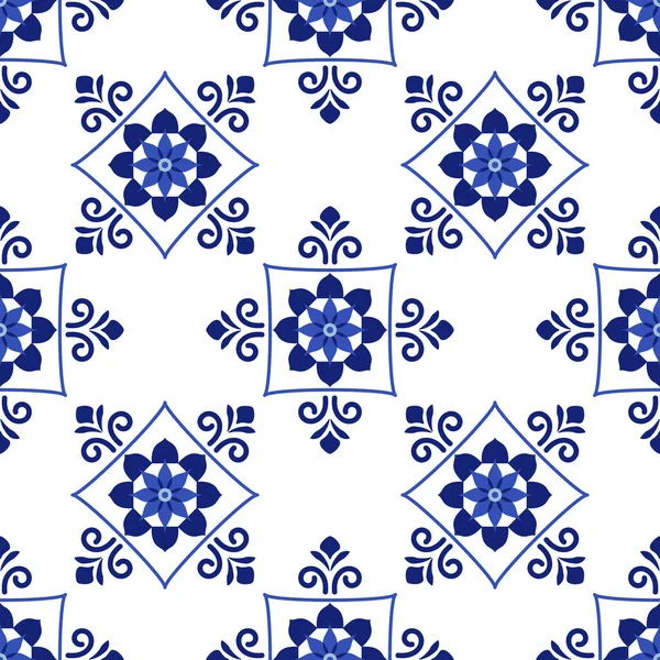 Azulejos portuguesa tradicional azulejo ornamental, azul y blanco patrón sin costura — Archivo Imágenes Vectoriales