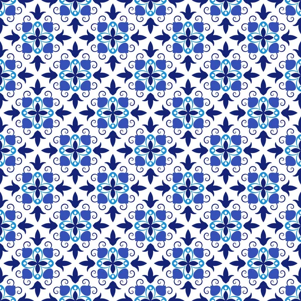 Azulejos portugál hagyományos díszcserép, kék és fehér zökkenőmentes minta — Stock Vector