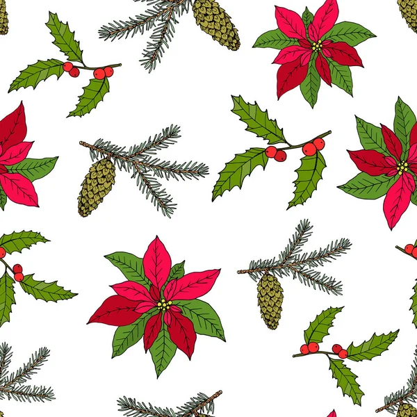 Boże Narodzenie bez szwu wzór z poinsettia kwiaty, Holly, jodła btanch z rożkiem. — Wektor stockowy