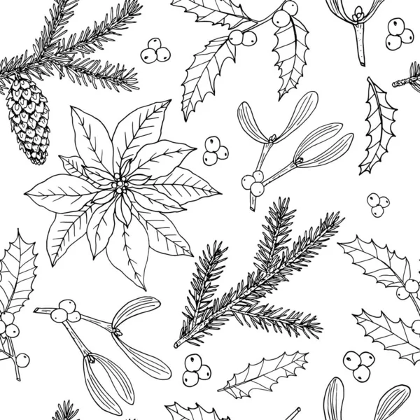 Patrón sin costuras de Navidad con flores de poinsettia, acebo, btanch de abeto con cono — Vector de stock