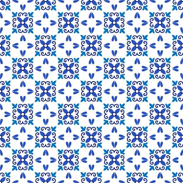 Azulejos португальская традиционная декоративная плитка, голубой и белый бесшовный узор — стоковый вектор