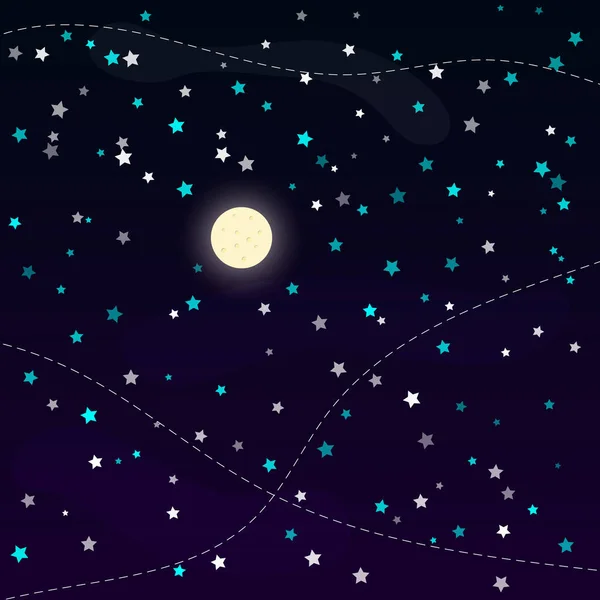 Luna llena y estrellas brillantes en el cielo nocturno, — Vector de stock