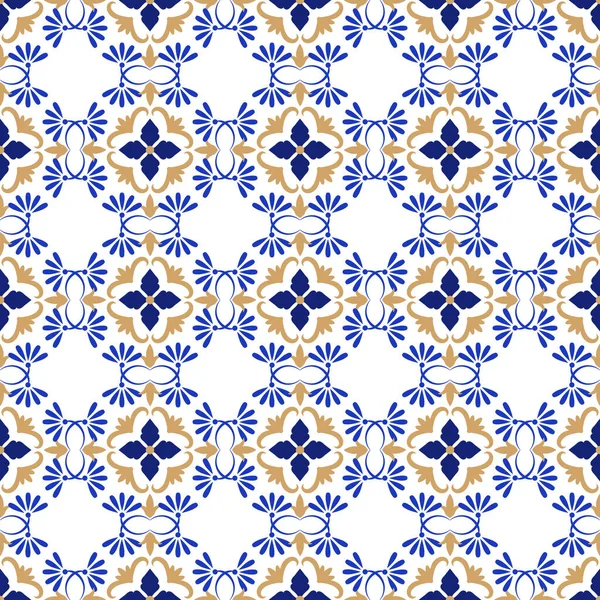 Azulejos portugiesische traditionelle Zierfliese, blaues und weißes nahtloses Muster — Stockvektor