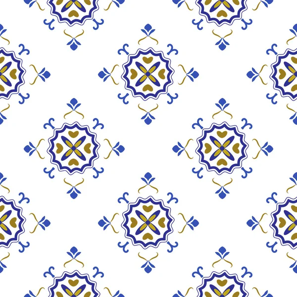 Azulejos portugis ubin ornamental tradisional, biru dan putih pola mulus - Stok Vektor