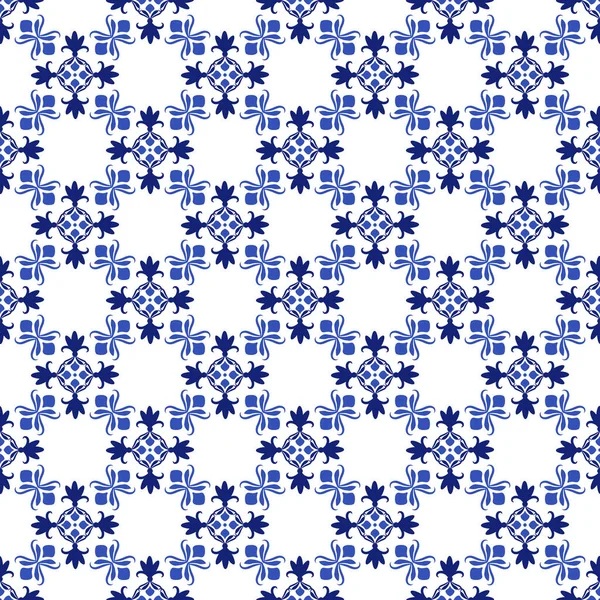 Azulejos portuguesa tradicional azulejo ornamental, azul y blanco patrón sin costura — Vector de stock