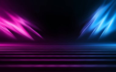 Ultraviyole neon ışıltılı koyu soyut bir arka plan. Bulanık neon dalgalar. Işık etkisi. Asfaltta yansıma var. 3d illüstrasyon