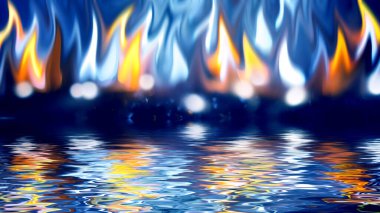 Dark abstract background. Flame of fire is reflected on the river bank. Glowing tongues of flame. The confrontation between water and fire. 3d illustration clipart