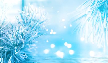 Kış, Bokeh ile geçmişi bulanıklaştırdı. Spruce dalları yakın plan. Noel sancağı