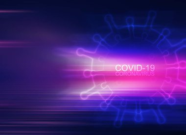 COVID-19 koronavirüs salgınının temasının soyut bir teması yok. Bir virüs modelinin neon hologramı.