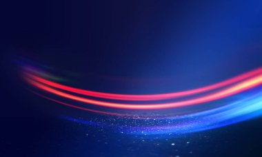 Karanlık ve soyut bir arkaplanda çok renkli neon şekiller. Boş sahne arkaplanı, bulanık neon morötesi ışık, bokeh.