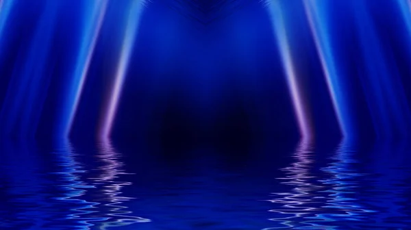 Abstracte Donkere Futuristische Achtergrond Ultraviolette Neonlichtstralen Worden Van Het Water — Stockfoto