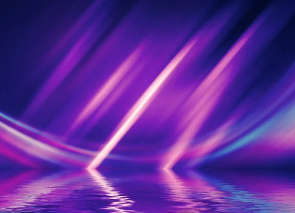 Abstract Dark Futuristic Background Ultraviolet Neon Light Rays Reflected Water — Stock Photo, Image