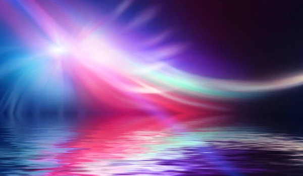 Abstract Dark Futuristic Background Ultraviolet Neon Light Rays Reflected Water — Stock Photo, Image