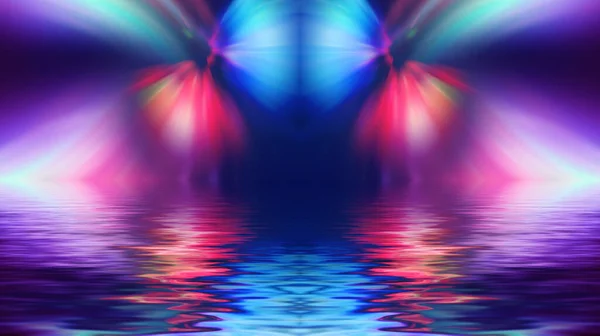 抽象黑暗的未来派背景 紫外线的霓虹灯被反射出水面 空荡荡的舞台表演背景 海滩派对 3D说明 — 图库照片