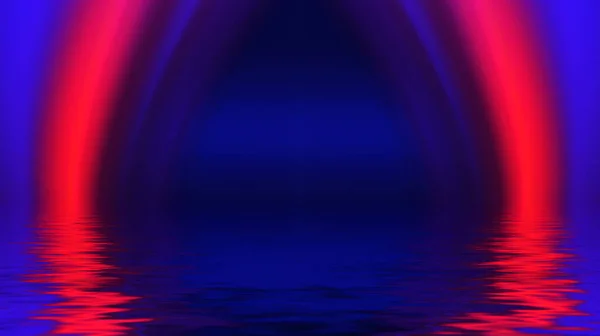 抽象黑暗的未来派背景 紫外线的霓虹灯被反射出水面 空荡荡的舞台表演背景 海滩派对 3D说明 — 图库照片