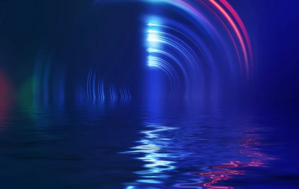 Abstract Dark Futuristic Background Ultraviolet Neon Light Rays Reflected Water — Stock Photo, Image