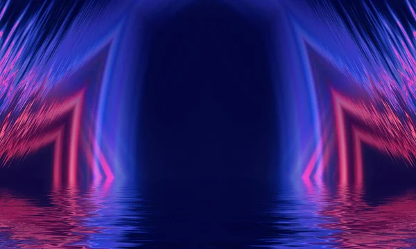 Abstracte Donkere Futuristische Achtergrond Ultraviolette Neonlichtstralen Worden Van Het Water — Stockfoto