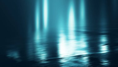 Ultraviyole neon ışıltılı koyu soyut bir arka plan. Bulanık neon dalgalar. Işık etkisi. Asfaltta yansıma var. 3d illüstrasyon